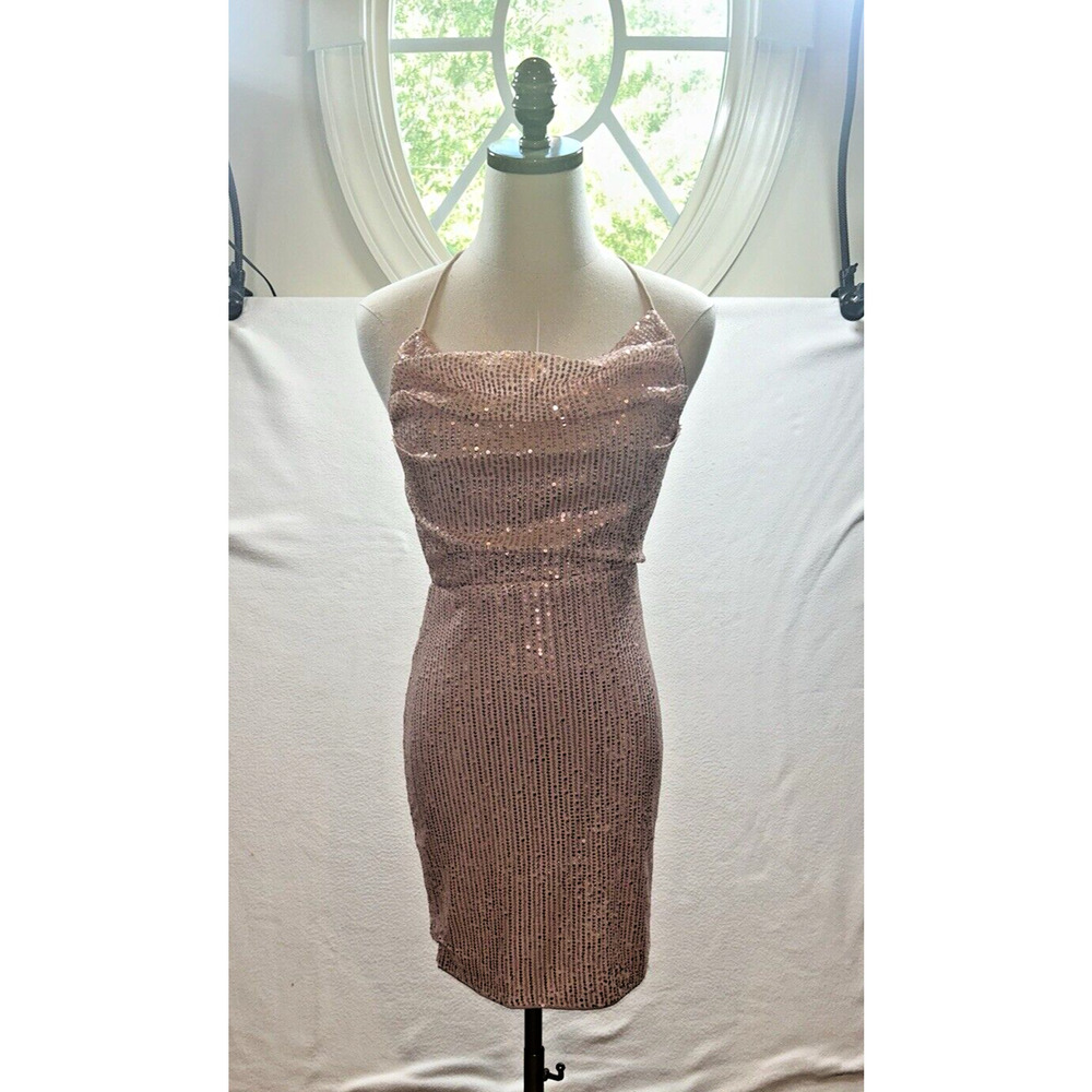 Sequined Pale Pink size Small Spaghetti Strap Crisscross Back Mini Dress NWOT - Picture 2 of 8
